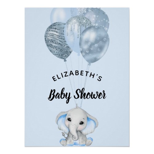 Baby Shower boy elephant blue balloons Poster