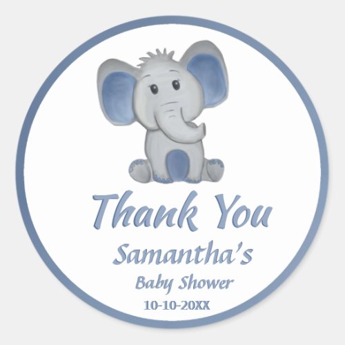 Baby Shower Boy Elephant Thank You Blue Watercolor Classic Round Sticker