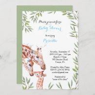 Baby Shower BOY, giraffe, white, almond, leaves Invitation