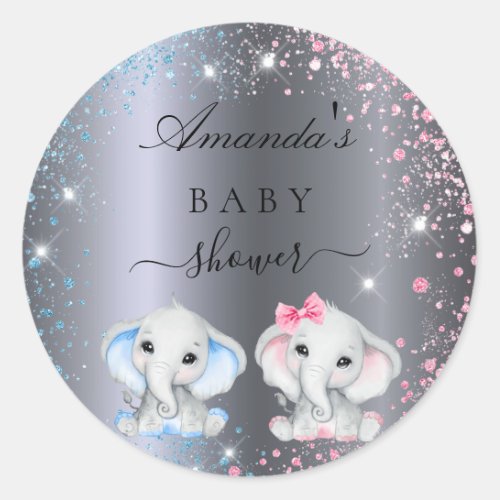 Baby Shower boy girl baby elephants silver Classic Round Sticker