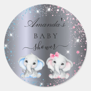 Baby Shower boy girl baby elephants silver Classic Round Sticker