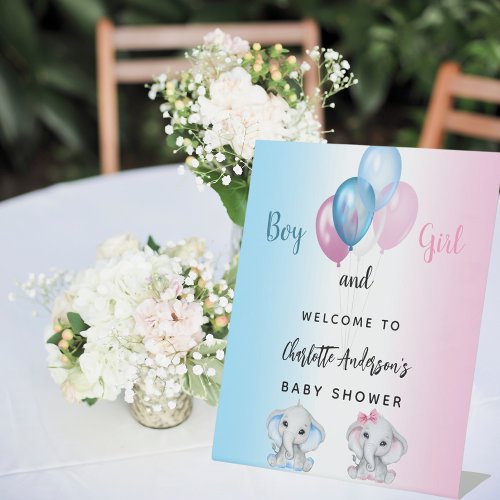 Baby Shower boy girl blue pink elephants welcome Pedestal Sign