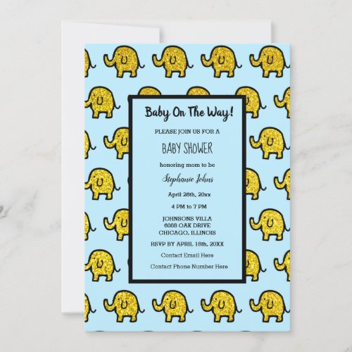 Baby Shower Boy Girl Elephant Animal Gold Glitter Invitation