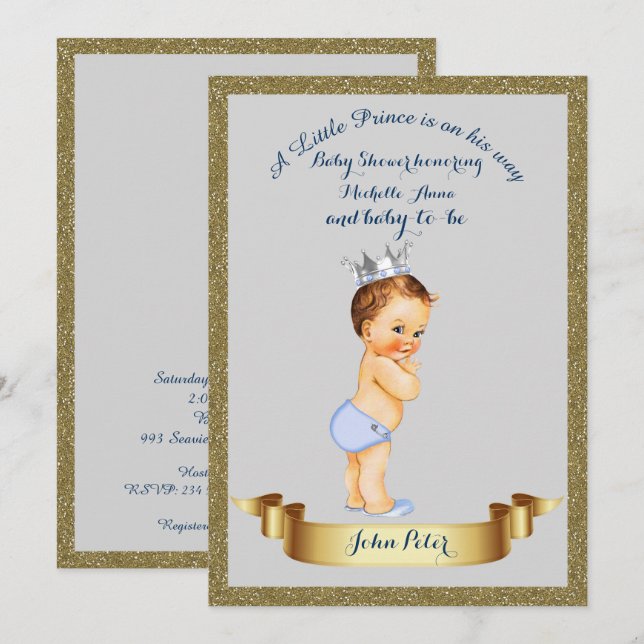 Baby Shower BOY,glitter frame,grey & gold. Invitation (Front/Back)
