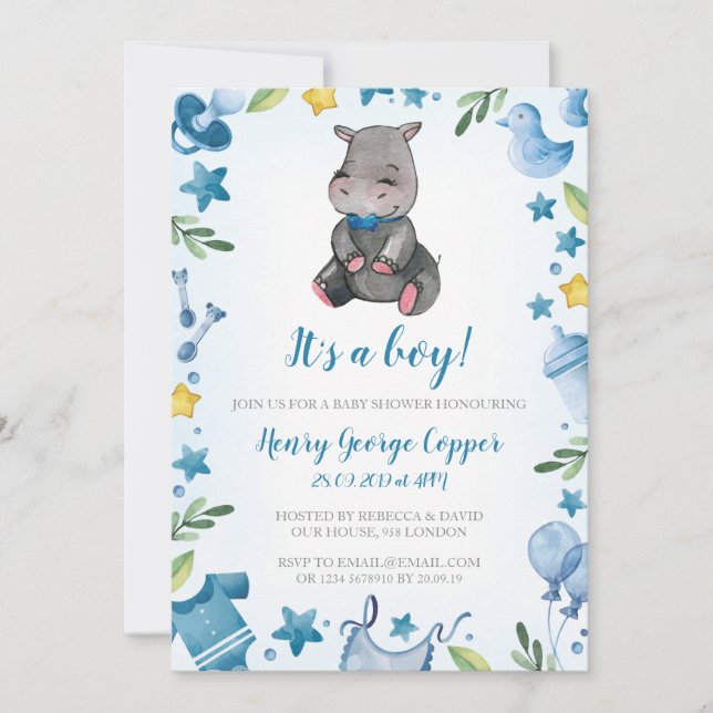 Baby shower Boy | Invitation | Hippo (Front)