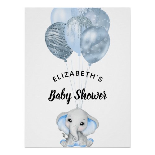 Baby Shower boy light blue elephant balloons Poster