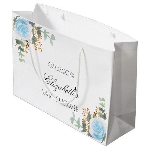 Baby Shower boy light blue floral eucalyptus Large Gift Bag