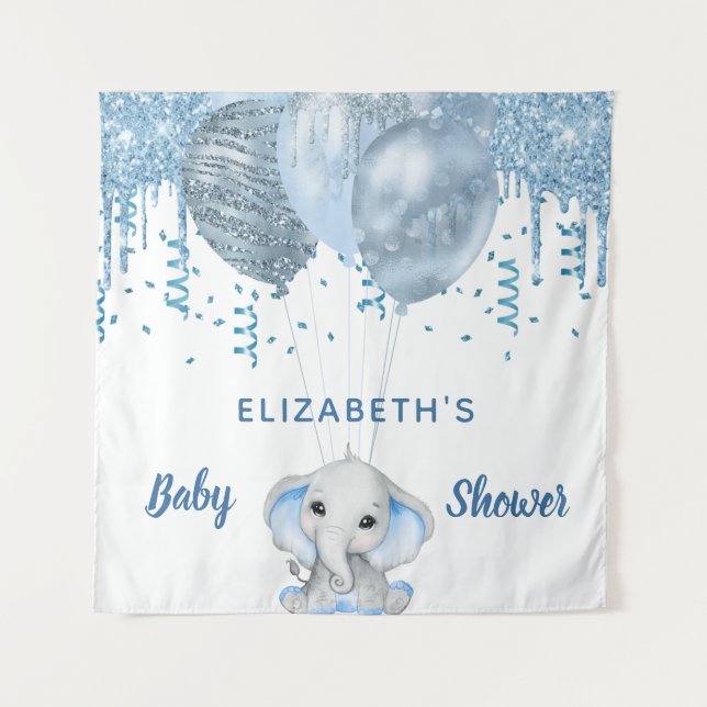 Baby Shower boy light blue glitter elephant silver Tapestry (Front)
