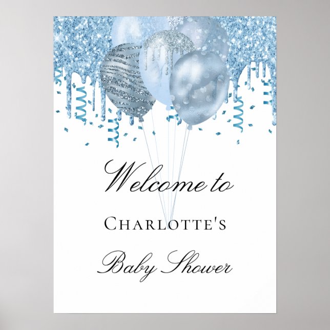 Baby Shower boy light blue white glitter balloons Poster (Front)