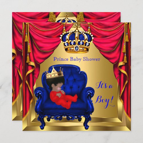 Baby Shower Boy Little Prince Blue Red Gold Ethnic Invitation
