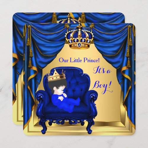 Baby Shower Boy Little Prince Royal Blue Gold 2 Invitation