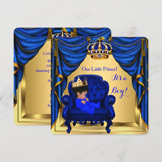 Baby Shower Boy Little Prince Royal Blue Gold Invitation (Front/Back)