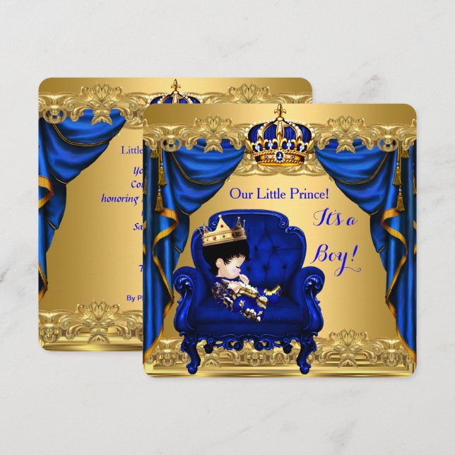 Baby Shower Boy Little Prince Royal Blue Golden 2 Invitation (Front/Back)