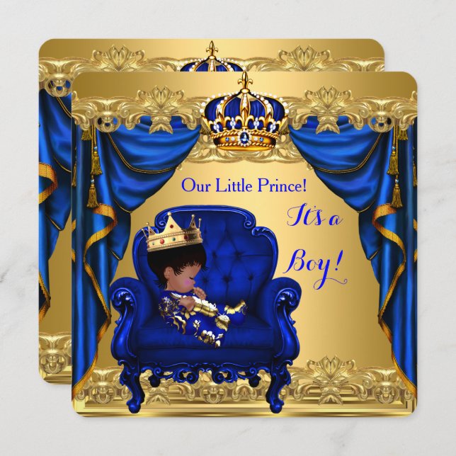 Baby Shower Boy Little Prince Royal Blue Golden Invitation (Front/Back)