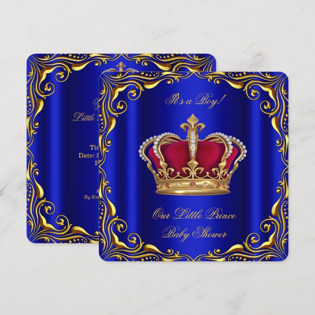Baby Shower Boy Little Prince Royal Blue Red Gold Invitation (Front/Back)