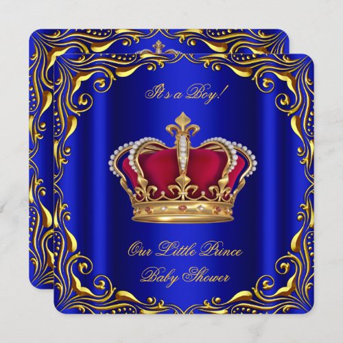 Baby Shower Boy Little Prince Royal Blue Red Gold Invitation