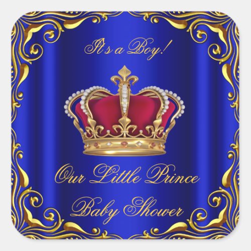 Baby Shower Boy Little Prince Royal Blue Red Gold Square Sticker