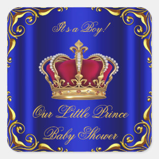 Baby Shower Boy Little Prince Royal Blue Red Gold Square Sticker