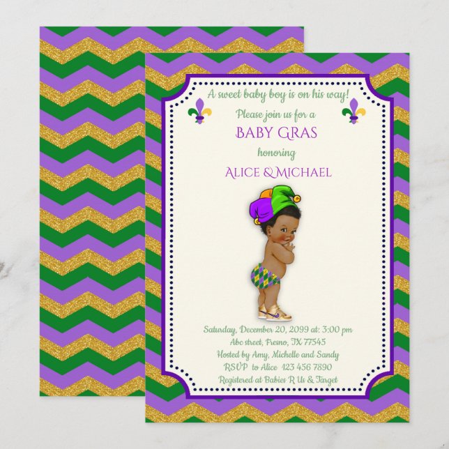 Baby Shower Boy, Mardi Gras Boy, gold, chevron Invitation (Front/Back)