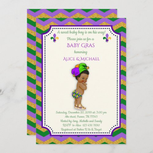 Baby Shower Boy Mardi Gras Boy gold chevron Invitation