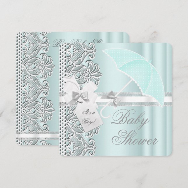 Baby Shower Boy Mint Blue Gray White Lace Invitation (Front/Back)