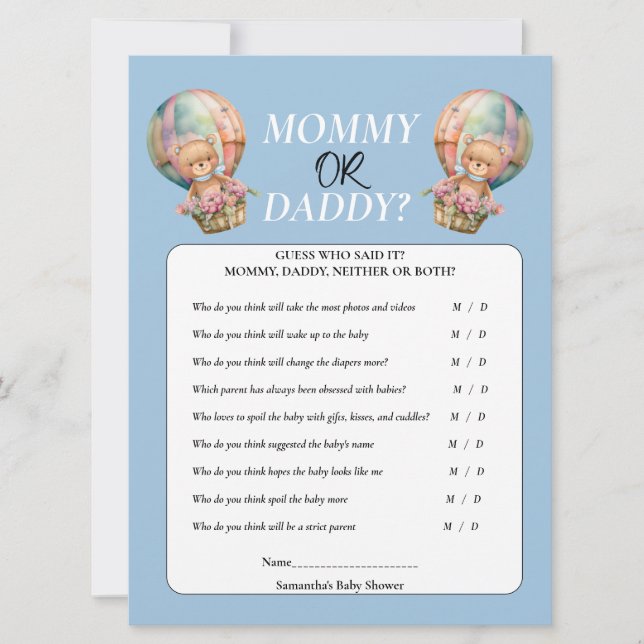 Baby Shower boy Mommy or Daddy  Hot Air Balloon Invitation (Front)