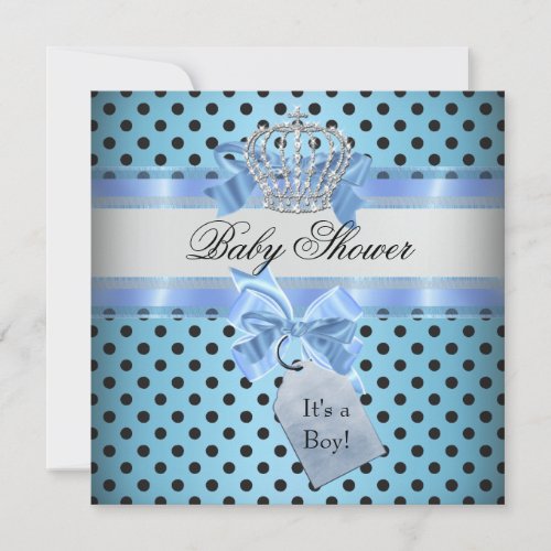 Baby Shower Boy Polka Dot Blue Prince Crown Black Custom Invitation