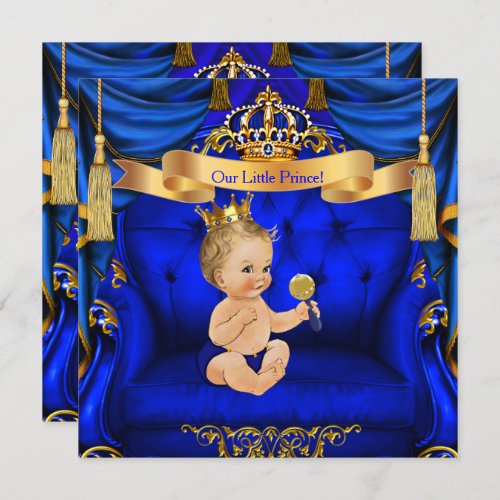 Baby Shower Boy Prince Royal Blue Gold Blonde boy Invitation