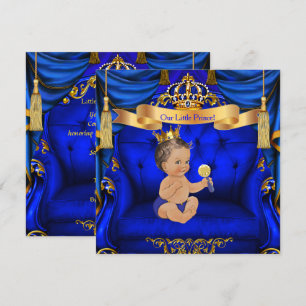 Baby Shower Boy Prince Royal Blue Gold Brunette Invitation