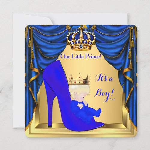 Baby Shower Boy Prince Royal Blue Shoe Gold 4 Invitation