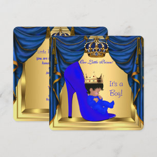 Baby Shower Boy Prince Royal Blue Shoe Gold Invitation