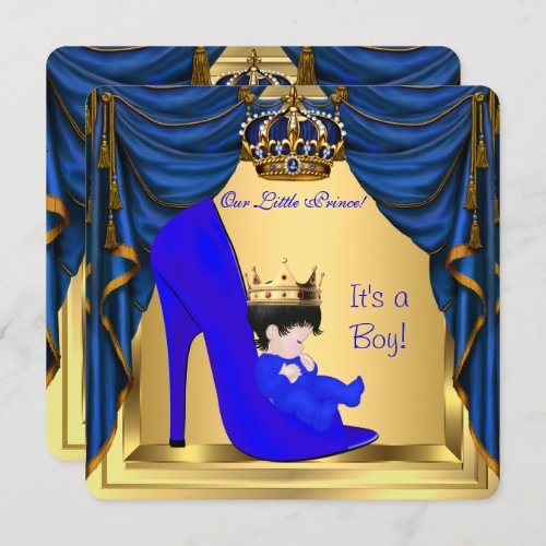 Baby Shower Boy Prince Royal Blue Shoe Gold Invitation