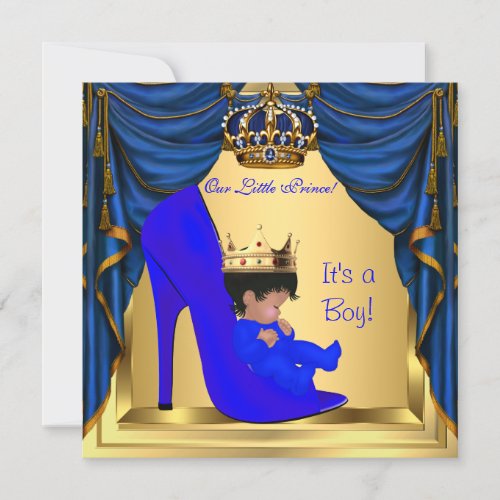 Baby Shower Boy Prince Royal Blue Shoe Gold Invitation