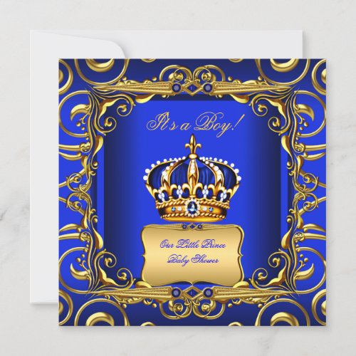 Baby Shower Boy Royal Blue Damask Gold Crown 2 Invitation