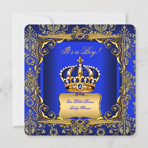 Baby Shower Boy Royal Blue Damask Gold Crown Invitation