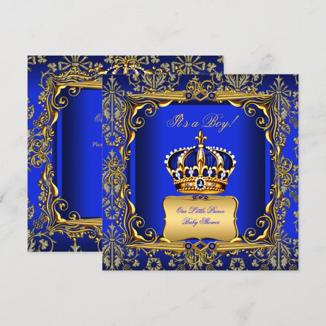 Baby Shower Boy Royal Blue Damask Gold Crown Invitation (Front/Back)