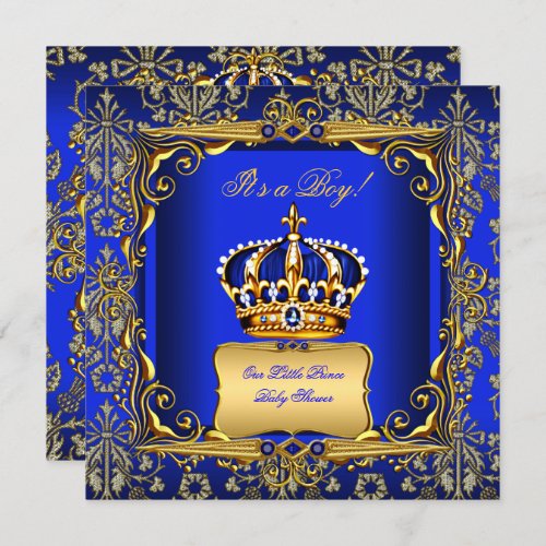 Baby Shower Boy Royal Blue Damask Gold Crown Invitation