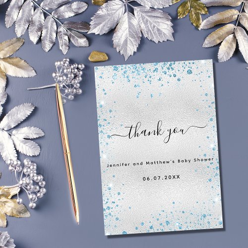 Baby Shower boy silver blue glitter Thank You Card