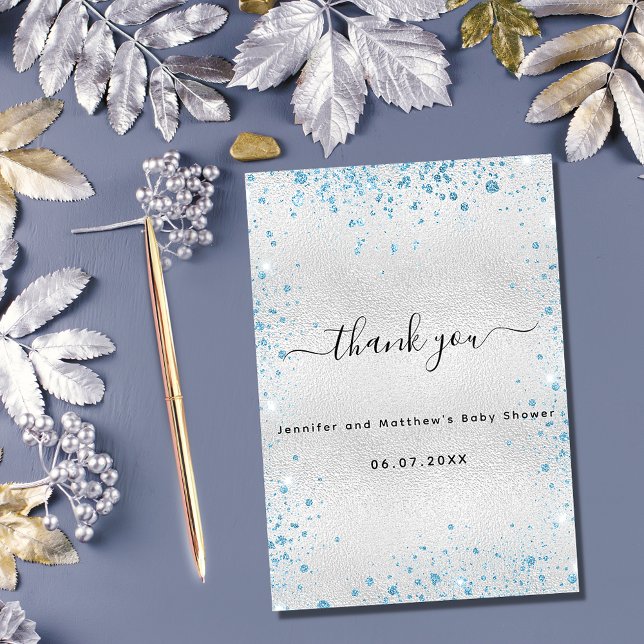 Baby Shower boy silver blue glitter Thank You Card (Creator Uploaded)