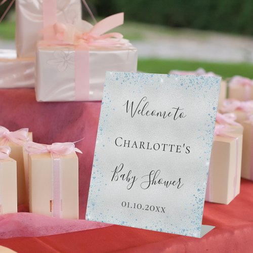 Baby Shower boy silver blue glitter welcome Pedestal Sign