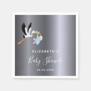 Baby shower boy silver blue stork napkins