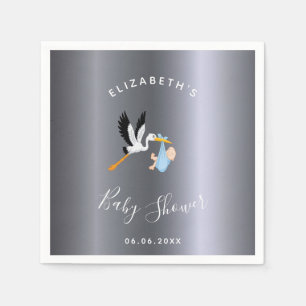 Baby shower boy silver blue stork napkins