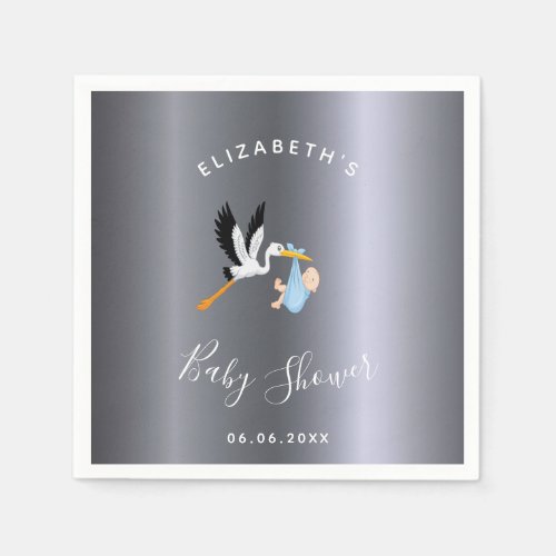 Baby shower boy silver blue stork napkins
