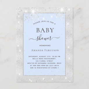 Baby shower boy silver light blue glitter invitation postcard