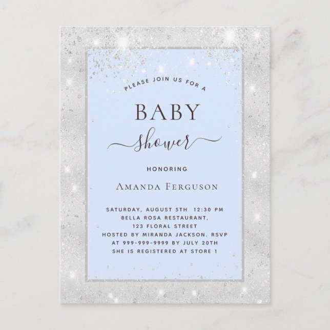 Baby shower boy silver light blue glitter invitation postcard (Front)