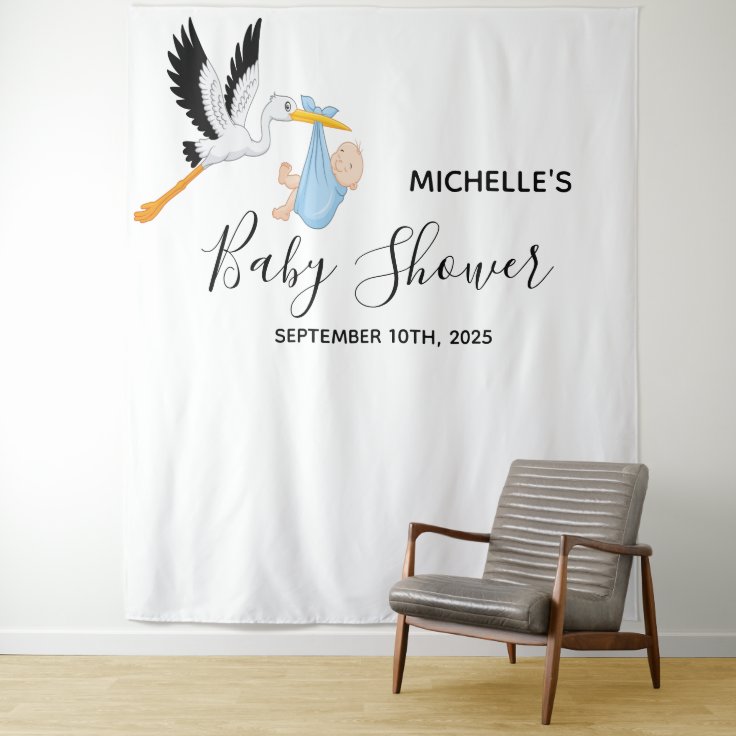 Baby shower boy stork white photo backdrop | Zazzle