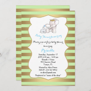 Baby Shower BOY, strip,mint,gold,,elephants Invitation