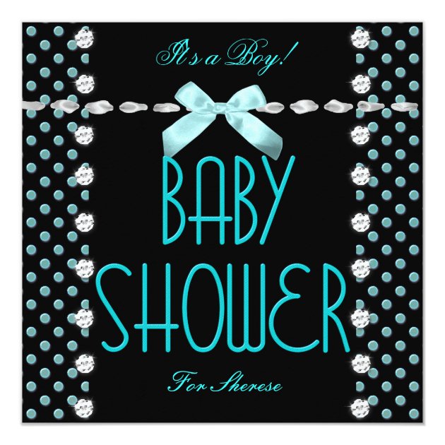 Baby Shower Boy Teal Blue Black White Polka Dot Invitation