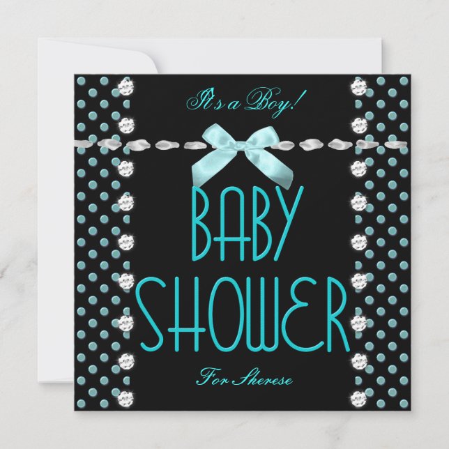 Baby Shower Boy Teal Blue Black White Polka Dot Invitation (Front)