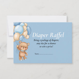 Baby Shower Boy Teddy Balloons Blue  Diaper Raffel Invitation